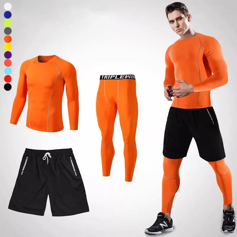 Men Long Sleeve Jogging Jersey Male GYM Fitness Tee Leggings Short Sport Running Set Skiing Basketball Football Clothes Suit B36