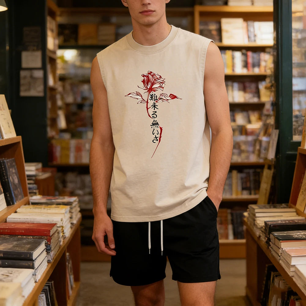Summer Men's Washed Tank Top & Athletic Shorts Set Retro Distressed Sleeveless T-Shirt Harajuku Style Rose Text Graphic Print