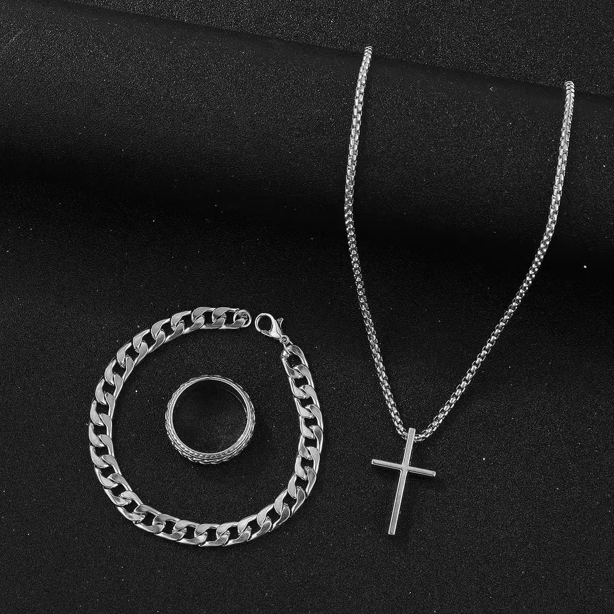 Bestseller New 3Pcs Cross Jewelry Set | Chain Ring Bracelet Necklace | Fashion Religious Accessories for Women Men Daily & Gift
