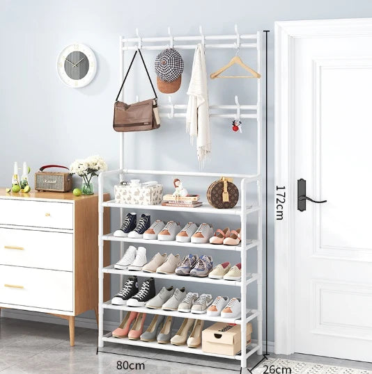 4/5-Tier Metal Coat and Shoe Rack with 8 Hooks ,for Living Room, Bedroom, Office, Shoe Storage Organizer, Shoe Storage Organizer