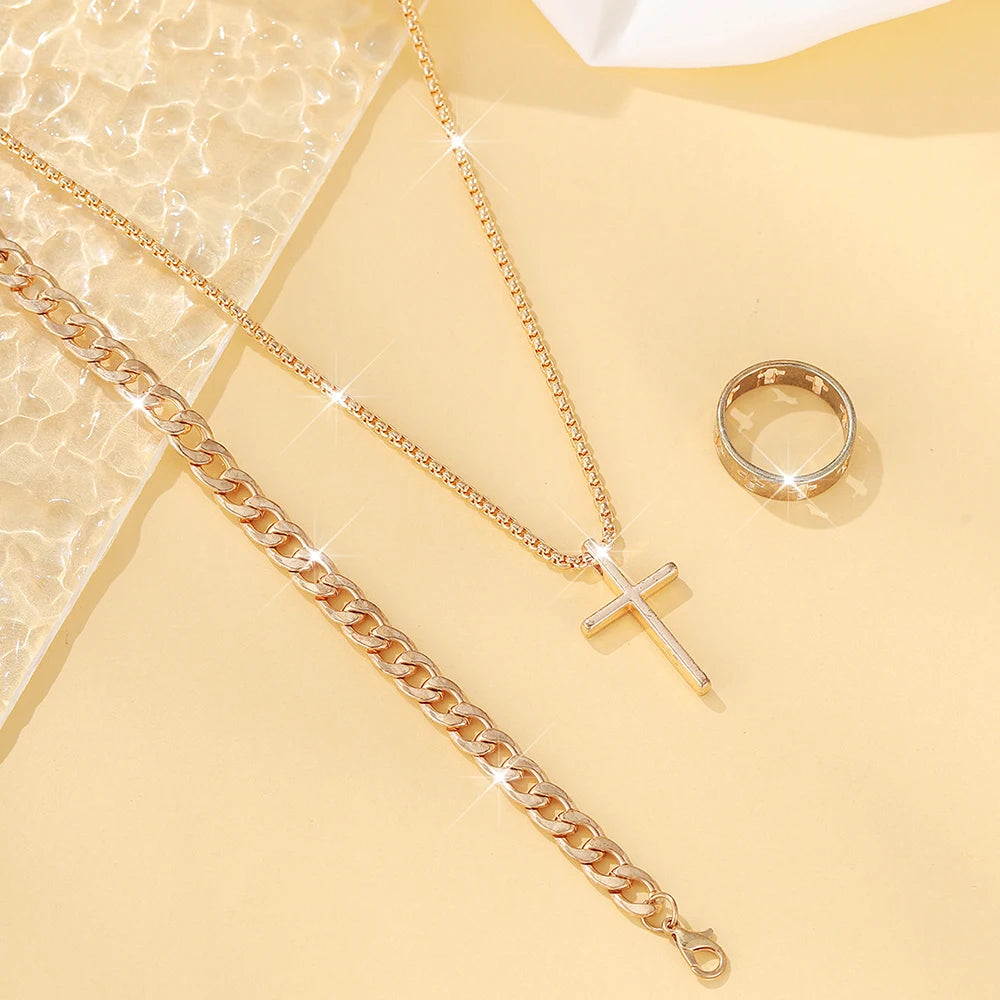 Men's 3pcs Fashion Alloy Jewelry Set - Cross Pendant Necklace, Bracelet & Ring Combo
