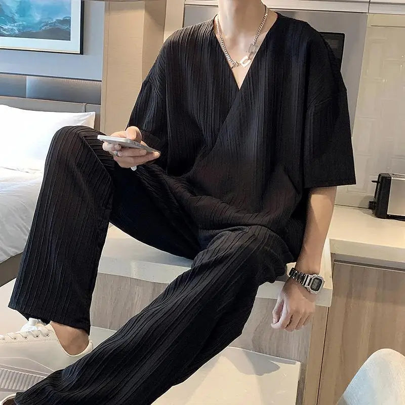 Men's Ice Silk Sportswear Set V Neck Short Sleeve T Shirt Long Pants Two Piece Summer Outfit UK Punk Style Large Size