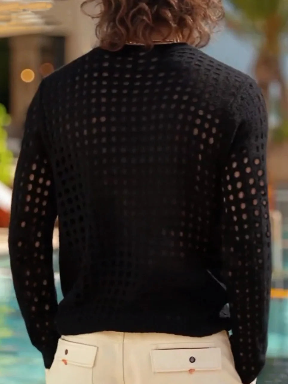 Men's Simple Sexy Mesh Tops Spring/Summer American Casual Fashion Round Neck Hollow Out Knitted Long Sleeve T-shirt