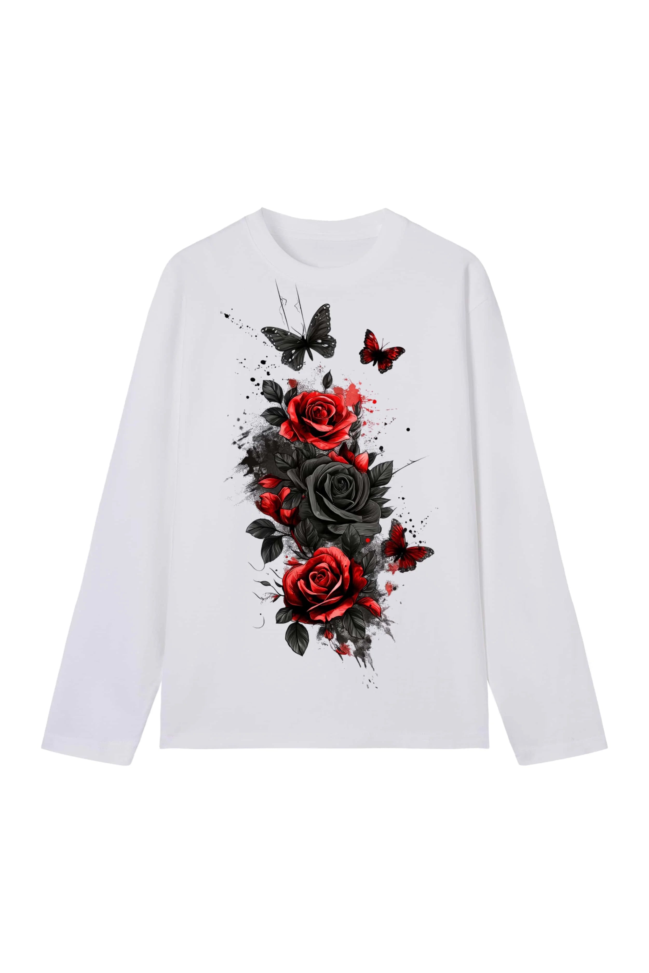 New men's and women's T-shirts, trendy ink-style rose and butterfly long-sleeve print, casual short-sleeve couple T-shirts