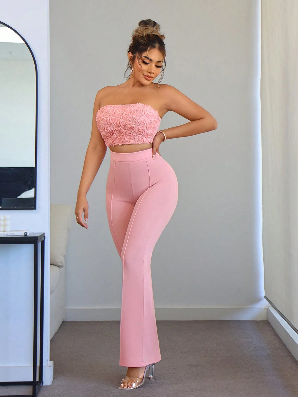 2-Piece Soft Pink Floral Ruched Tube Top & Flared Pants Set for Women