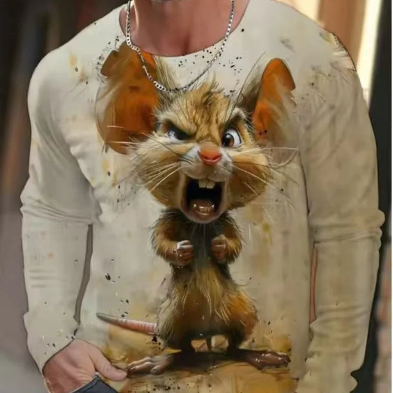 Funny animal design retro men 3D printing street casual daily gray longsleeved round neck shirt spring and autumn clothing