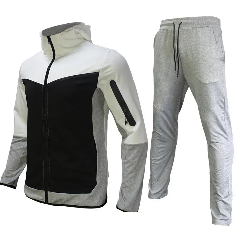 Autumn Men's Hooded Running Sets Patchwork Casual Tracksuits Zipper Jacket+Pants 2Pcs Sets Male Slim Gym Sportswear Jogging Suit