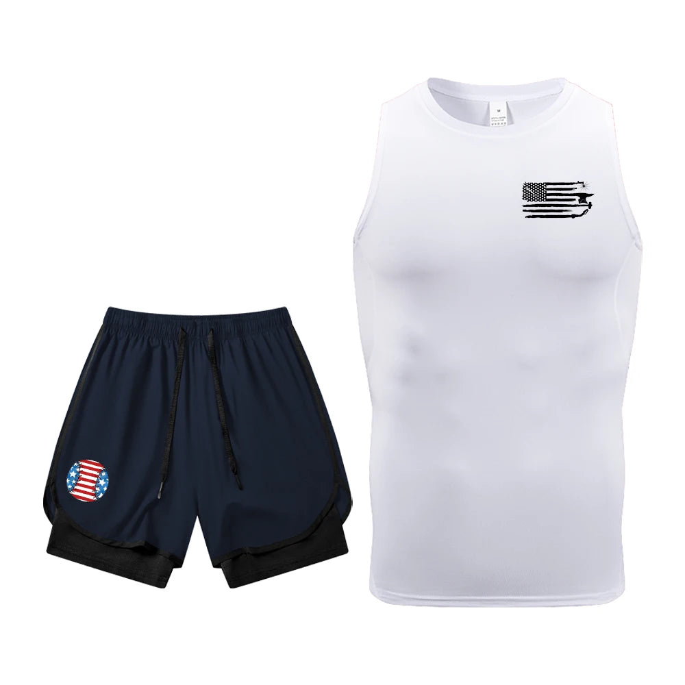 Men's Quick Dry Gym Workout 2 Piece Set Compression Sleeveless Shirt & Running Shorts Kit Flag Graphic Print Gym & Athletic Gear
