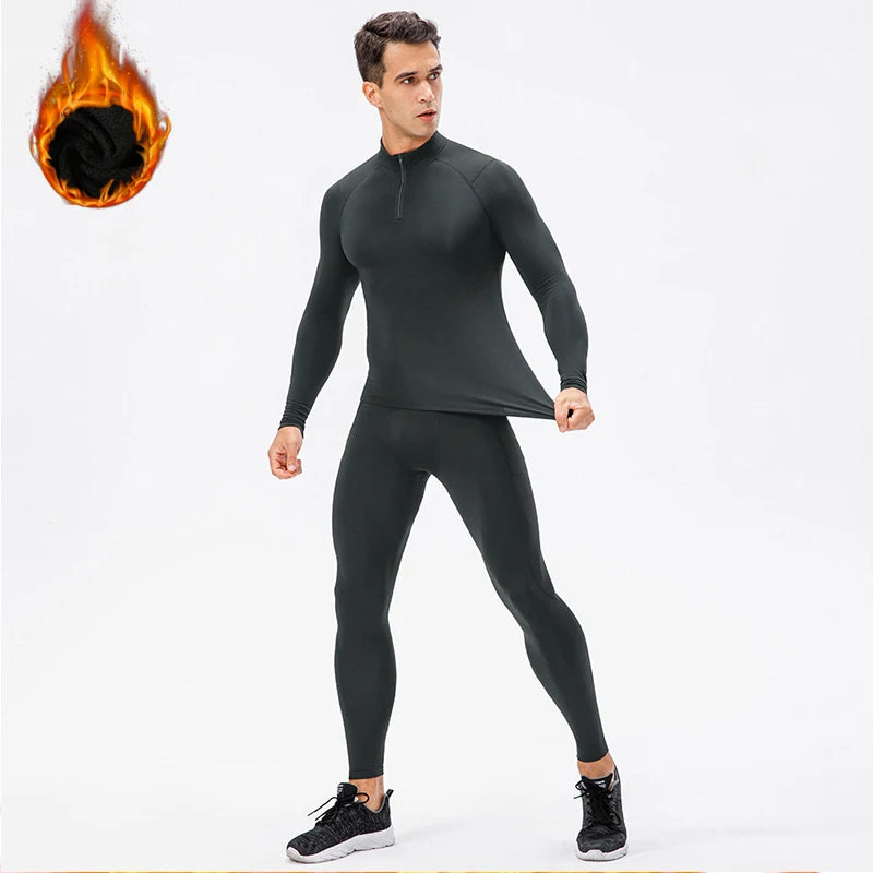 2 Pcs/Set Men's Velvet Tracksuit Fitness Sports Suit Gym Clothes Running Training Jogging Suit Thermal Underwear Male Sportswear