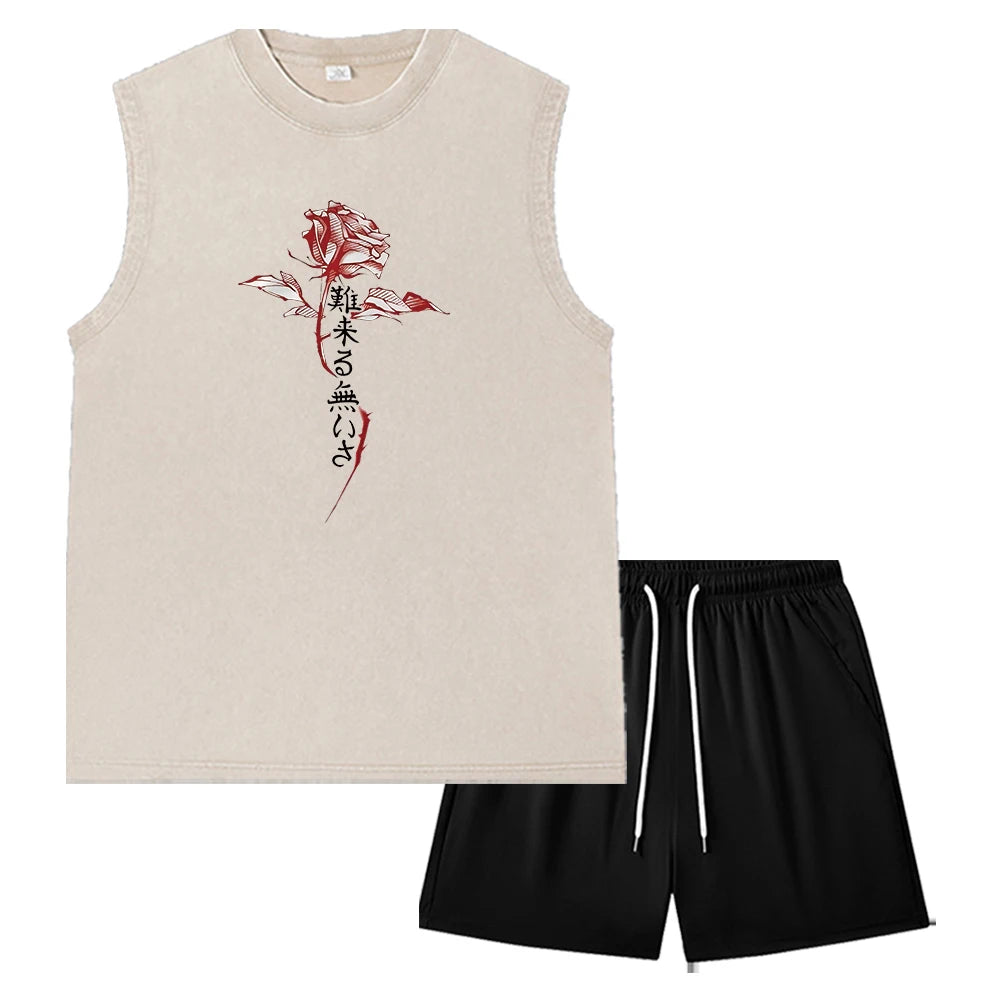 Summer Men's Washed Tank Top & Athletic Shorts Set Retro Distressed Sleeveless T-Shirt Harajuku Style Rose Text Graphic Print