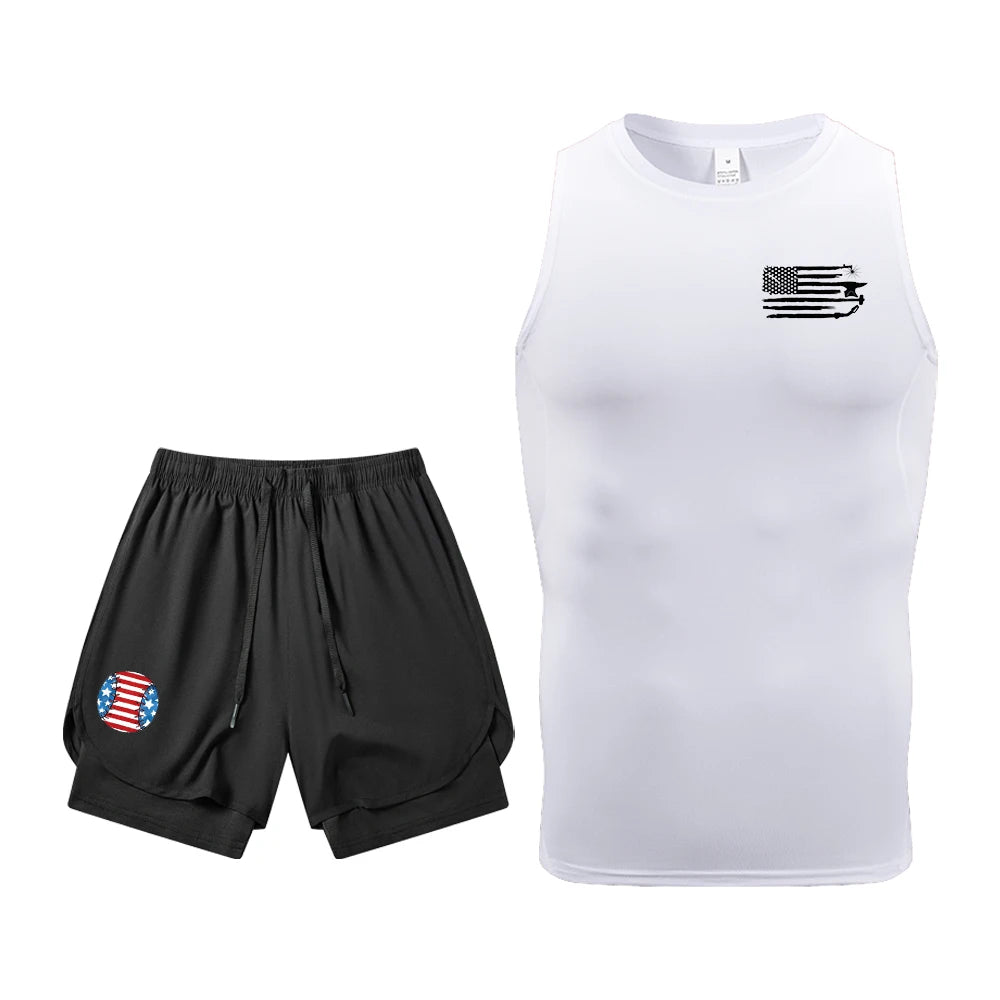 Men's Quick Dry Gym Workout 2 Piece Set Compression Sleeveless Shirt & Running Shorts Kit Flag Graphic Print Gym & Athletic Gear