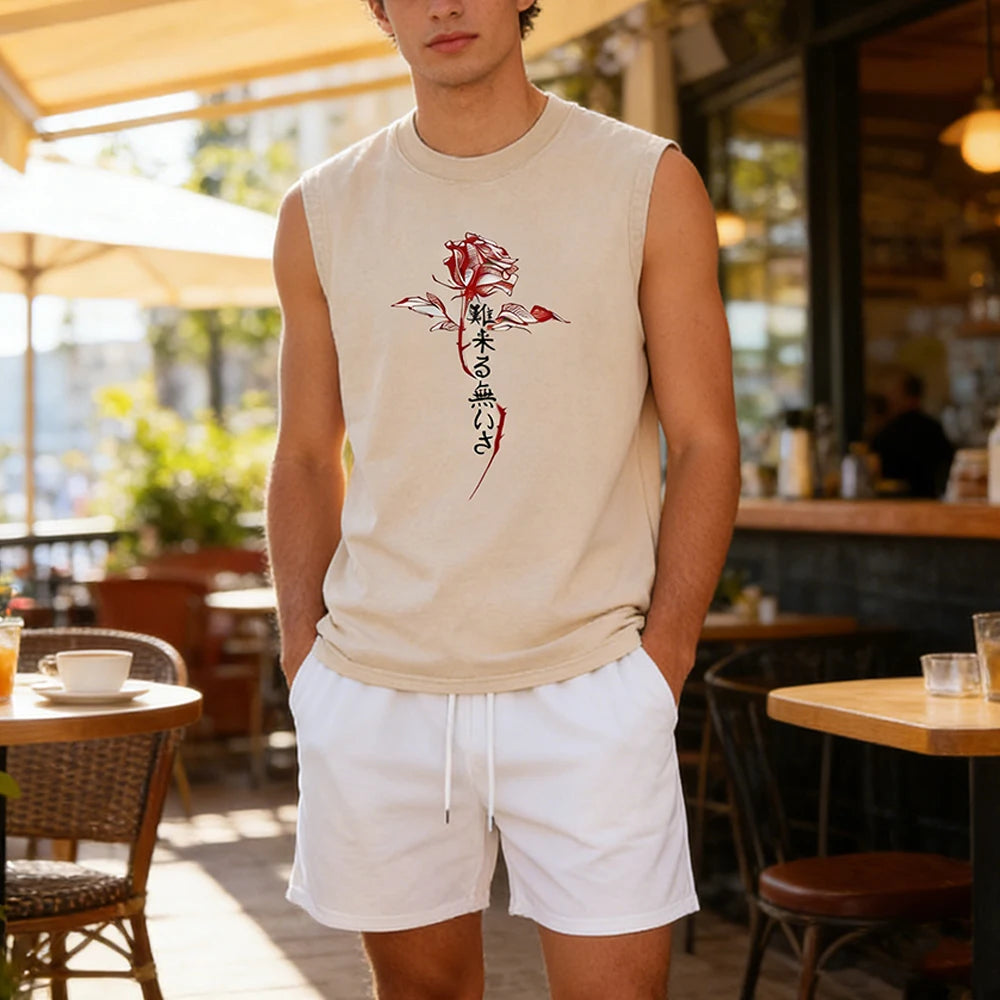 Summer Men's Washed Tank Top & Athletic Shorts Set Retro Distressed Sleeveless T-Shirt Harajuku Style Rose Text Graphic Print
