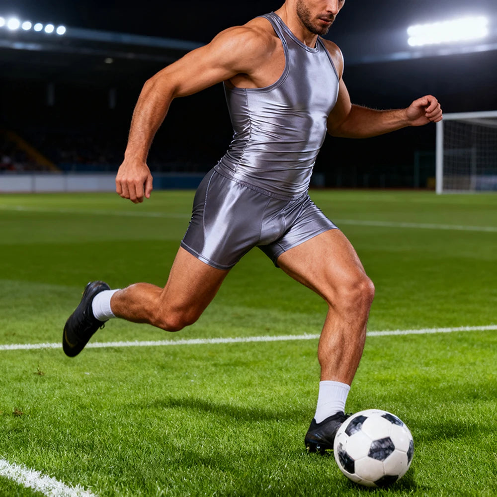 Men Silky Glossy Shiny Tracksuits Casual Sports Running Thin Smooth Activewear Sets Breathable Quick-drying Tank Top Shorts Sets