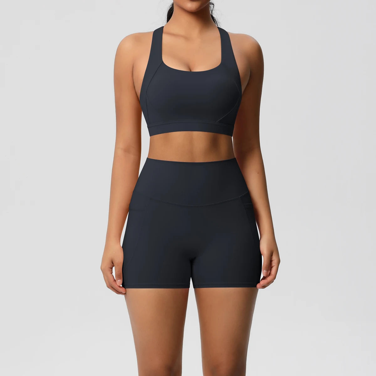 2PCS Sportswear With Pocketed Yoga Set Gym Clothes Yoga Suits For Women Tracksuits Sports Shorts Crossover Bra Gym Leggings