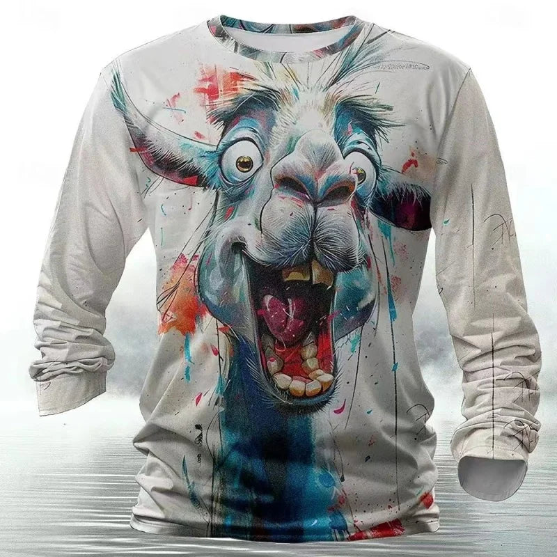 Funny animal design retro men 3D printing street casual daily gray longsleeved round neck shirt spring and autumn clothing