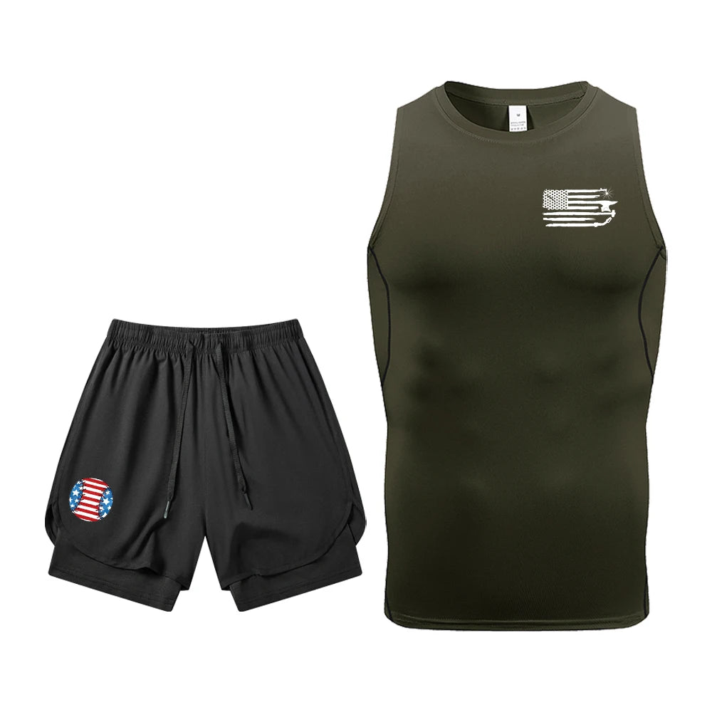 Men's Quick Dry Gym Workout 2 Piece Set Compression Sleeveless Shirt & Running Shorts Kit Flag Graphic Print Gym & Athletic Gear