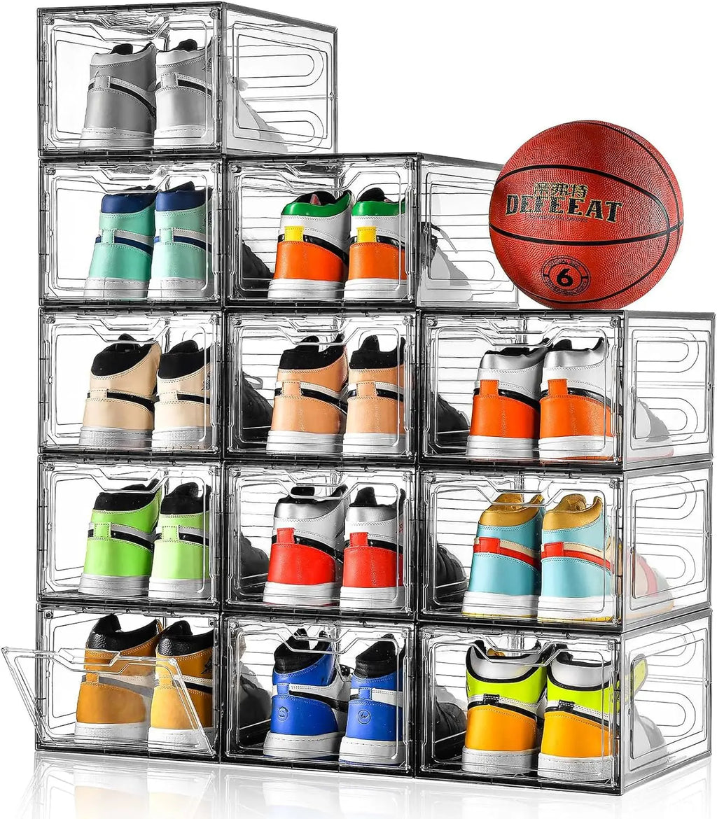 eWonLife Large Shoe Organizer Storage Box with Magnetic Door,12 Pack Clear Plastic Stackable Sneaker Containers for Closet, Conn