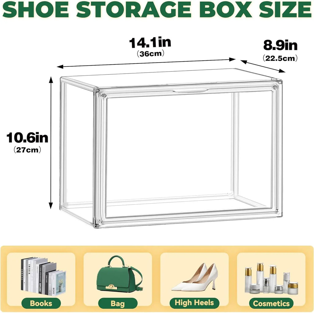 4-Pack Clear Plastic Stackable Shoe Storage Boxes with Magnetic Door, Thick Acrylic Display Case for Sneakers
