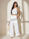 White One-Shoulder Crop Top & Wide Leg Pants Set for Summer Festivals, Beach, Vacation, Casual Wear