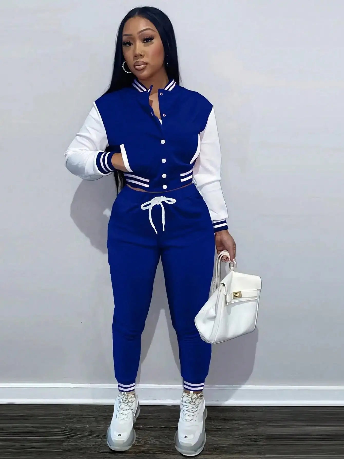2-Piece Women's Black Sporty Jacket & Jogger Set with White Stripes