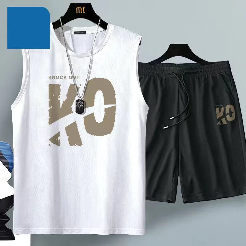 2Pcs 2026 Summer Men Clothing Harajuku Breathable fashion Sportswear Basketball suit casual short-sleeved T-shirt+shorts 2-piece
