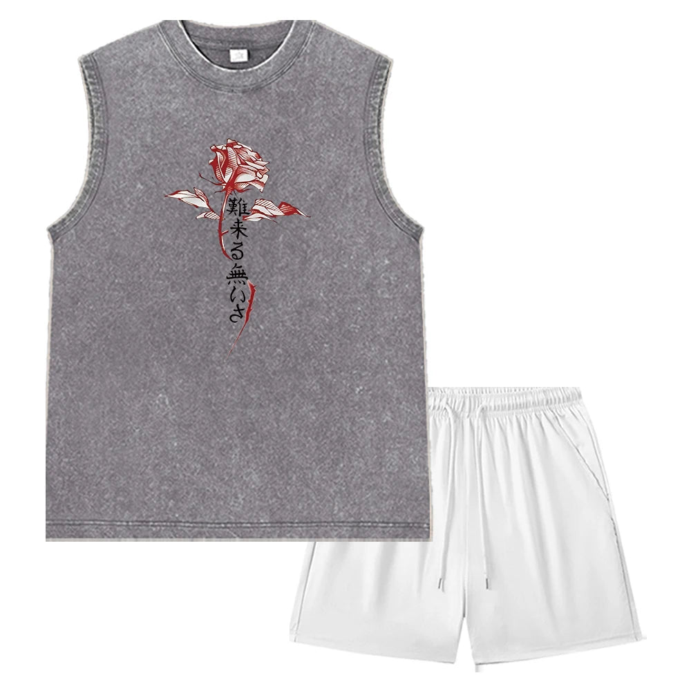 Summer Men's Washed Tank Top & Athletic Shorts Set Retro Distressed Sleeveless T-Shirt Harajuku Style Rose Text Graphic Print