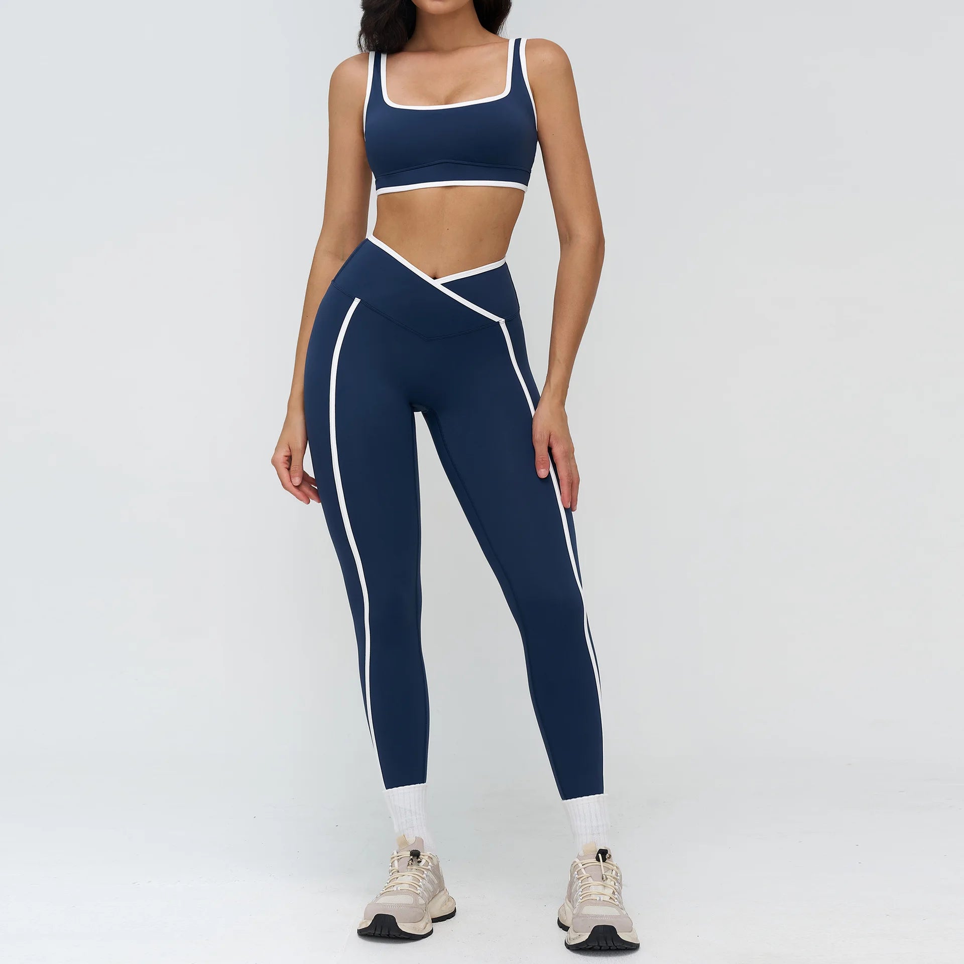 Women Gym Sets White line Bras Leggings Crossover Waist Suits Fitness Sports  Workout Yoga Pants Tights 2 Pecs Sportswear
