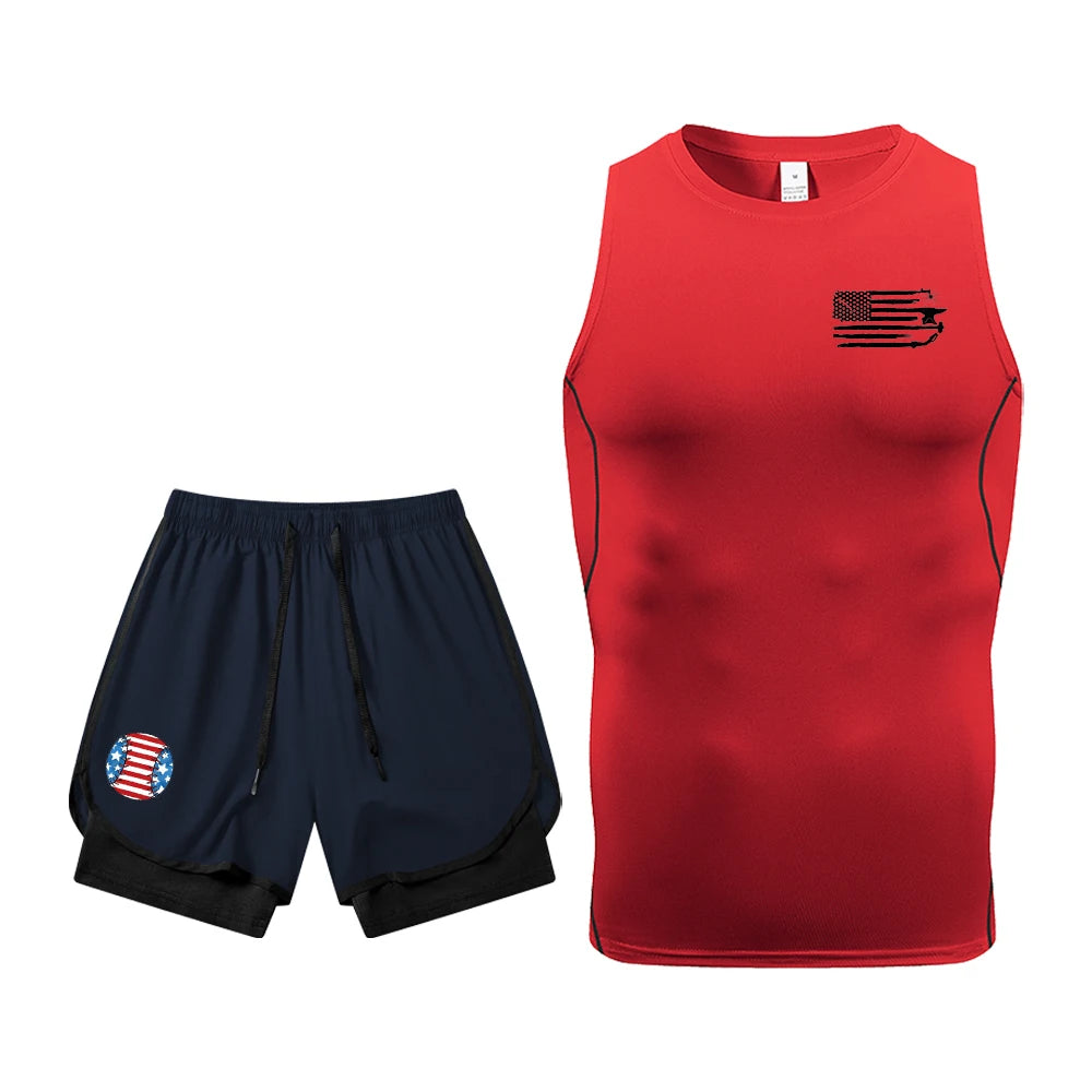 Men's Quick Dry Gym Workout 2 Piece Set Compression Sleeveless Shirt & Running Shorts Kit Flag Graphic Print Gym & Athletic Gear