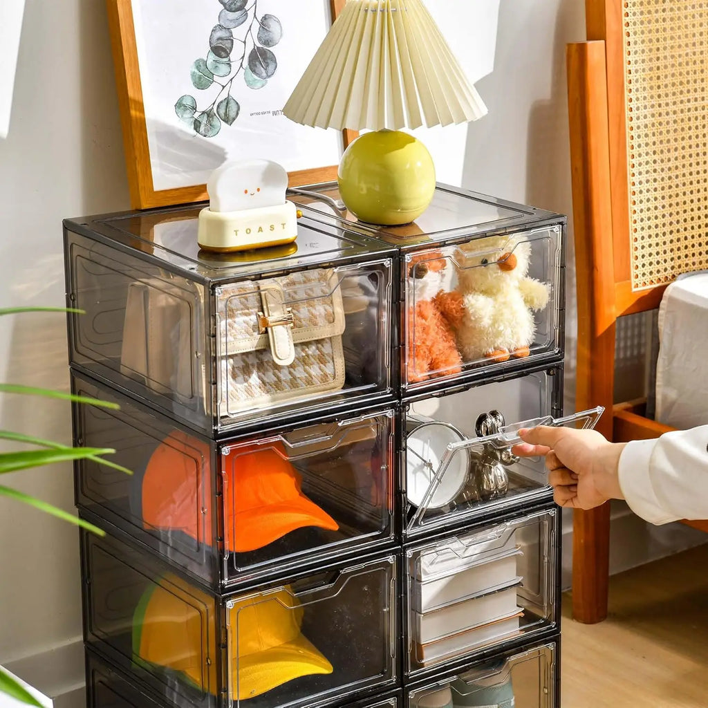 eWonLife Large Shoe Organizer Storage Box with Magnetic Door,12 Pack Clear Plastic Stackable Sneaker Containers for Closet, Conn