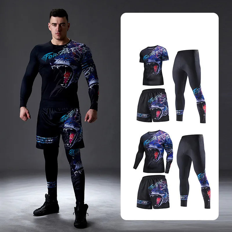 Men Long Sleeve Boxing Jersey Male GYM Fitness Tee Leggings Short Sport Running Set Skiing Basketball Football Clothes Suit D809