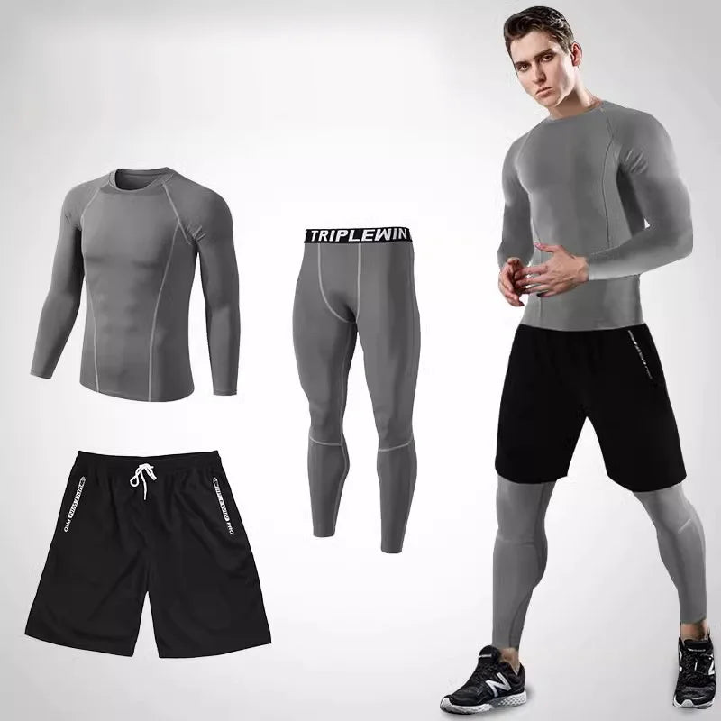 Men Long Sleeve Jogging Jersey Male GYM Fitness Tee Leggings Short Sport Running Set Skiing Basketball Football Clothes Suit B36
