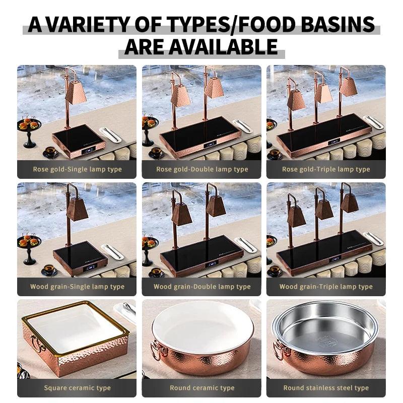 High-end Rose Gold Stainless Steel Buffet Server Lamp Food Warming Light Lamp Touch Control Electric Heating Plate