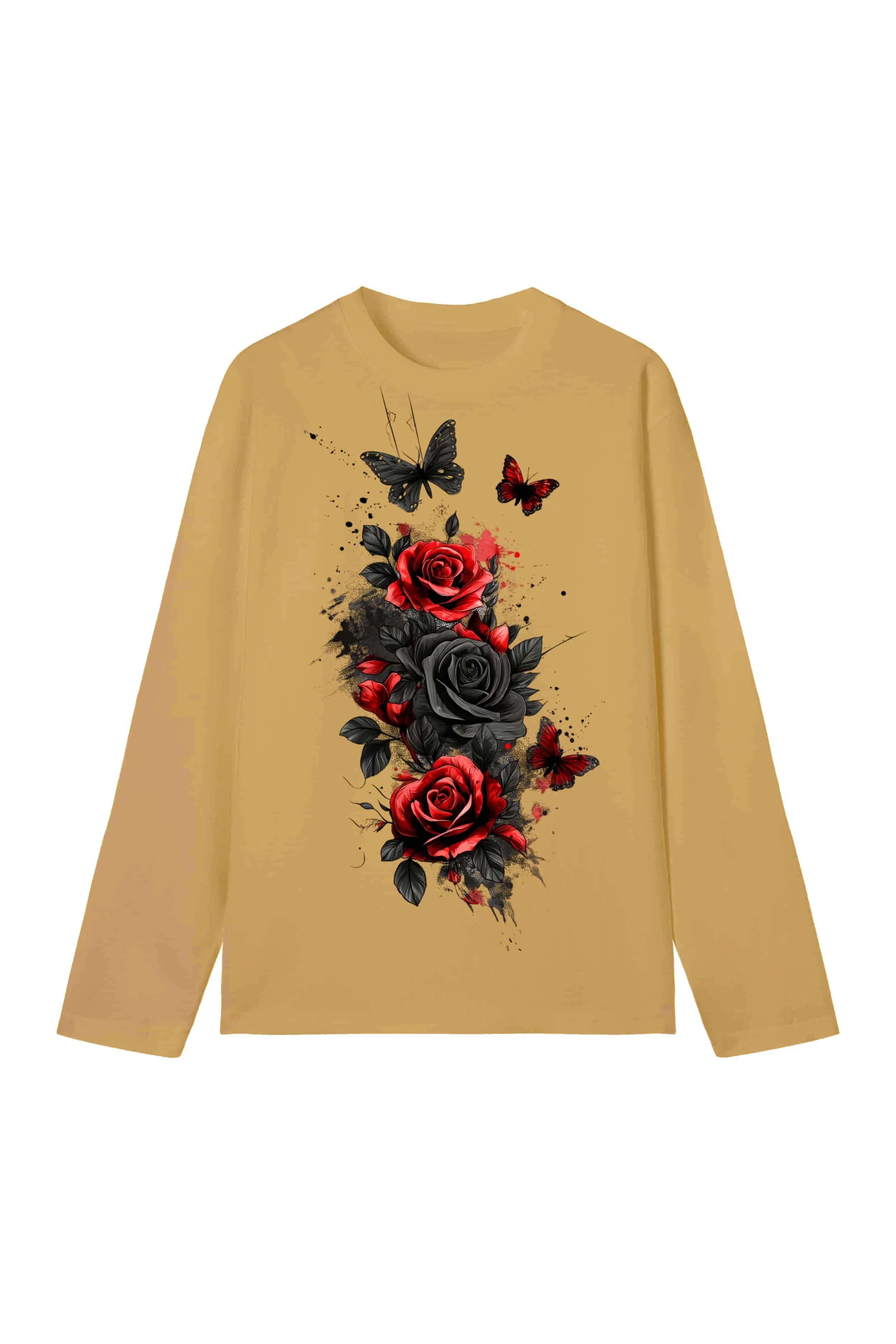 New men's and women's T-shirts, trendy ink-style rose and butterfly long-sleeve print, casual short-sleeve couple T-shirts