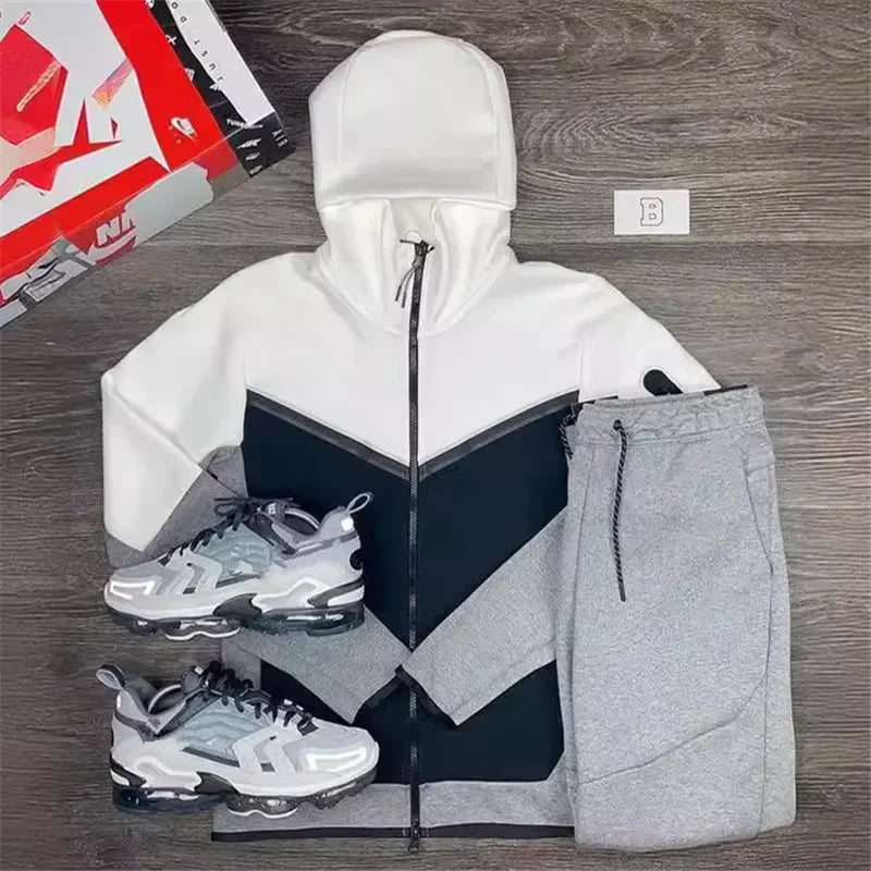 Autumn Men's Hooded Running Sets Patchwork Casual Tracksuits Zipper Jacket+Pants 2Pcs Sets Male Slim Gym Sportswear Jogging Suit