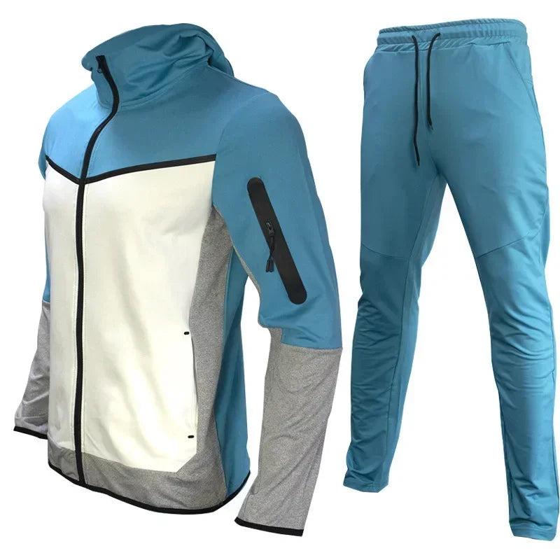 Autumn Men's Hooded Running Sets Patchwork Casual Tracksuits Zipper Jacket+Pants 2Pcs Sets Male Slim Gym Sportswear Jogging Suit