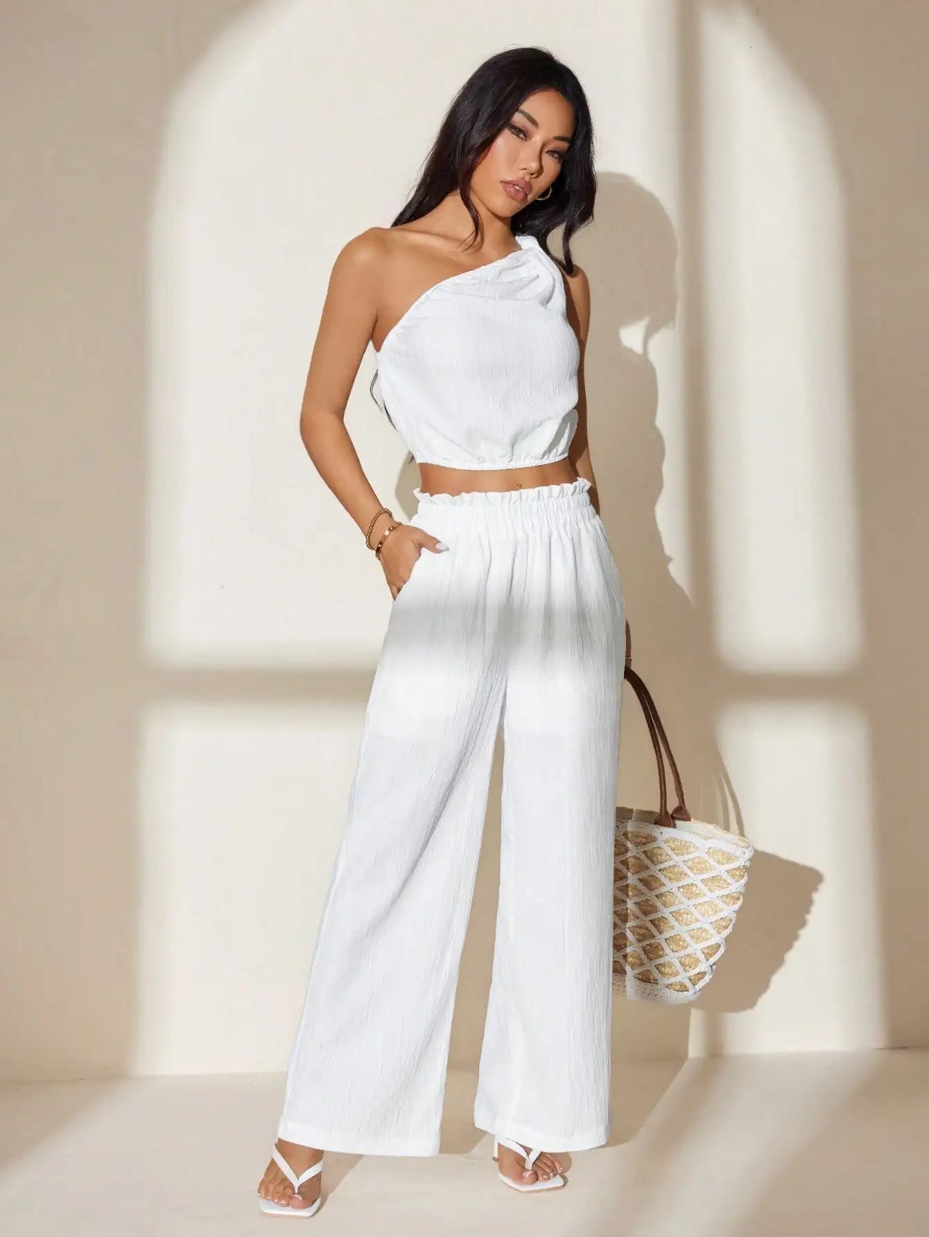 White One-Shoulder Crop Top & Wide Leg Pants Set for Summer Festivals, Beach, Vacation, Casual Wear