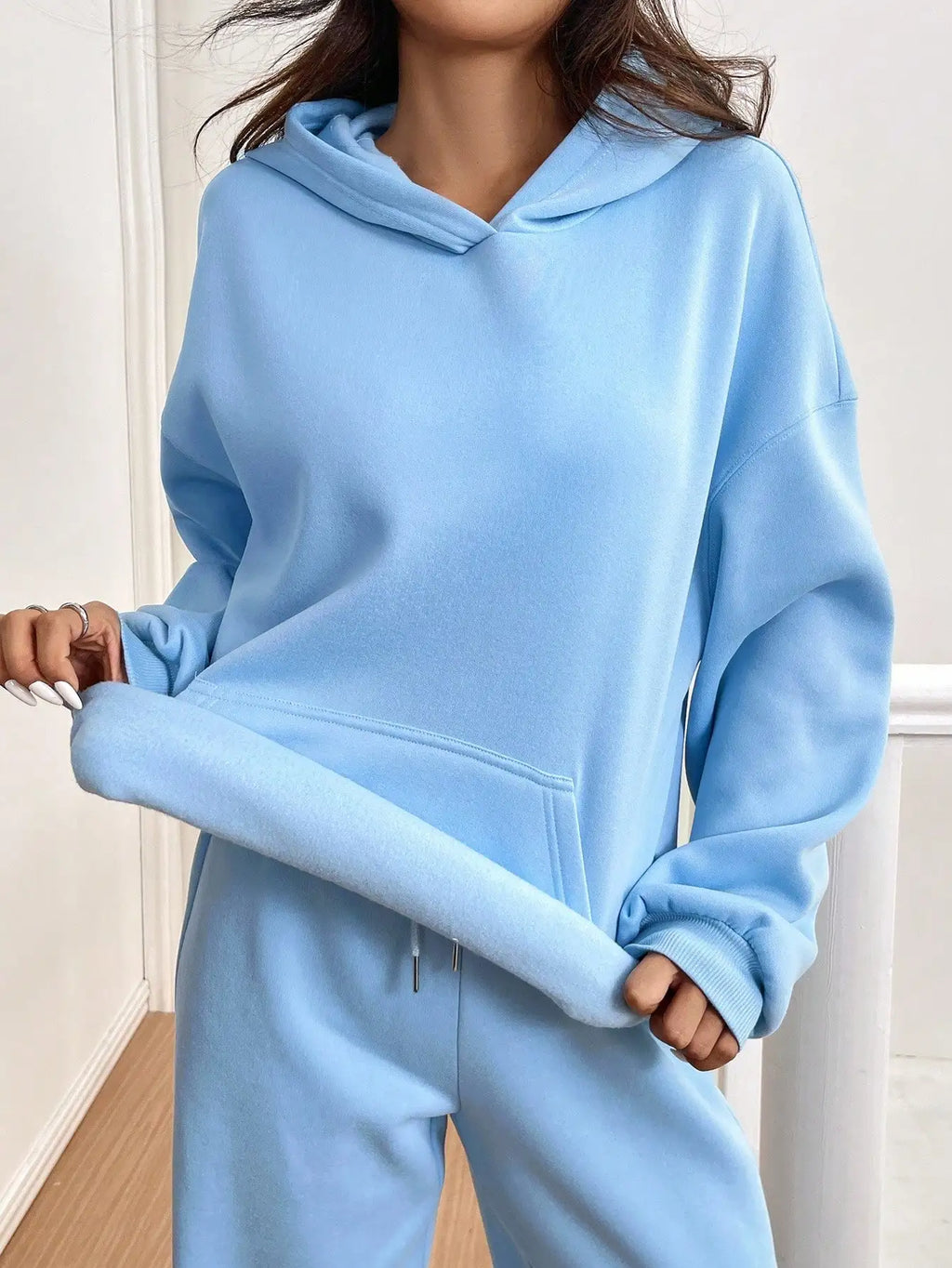 Women's 2-Piece Thermal Lined Hoodie and Wide-Leg Pants Set in Light Blue, Casual Lounge Wear for Autumn Winter
