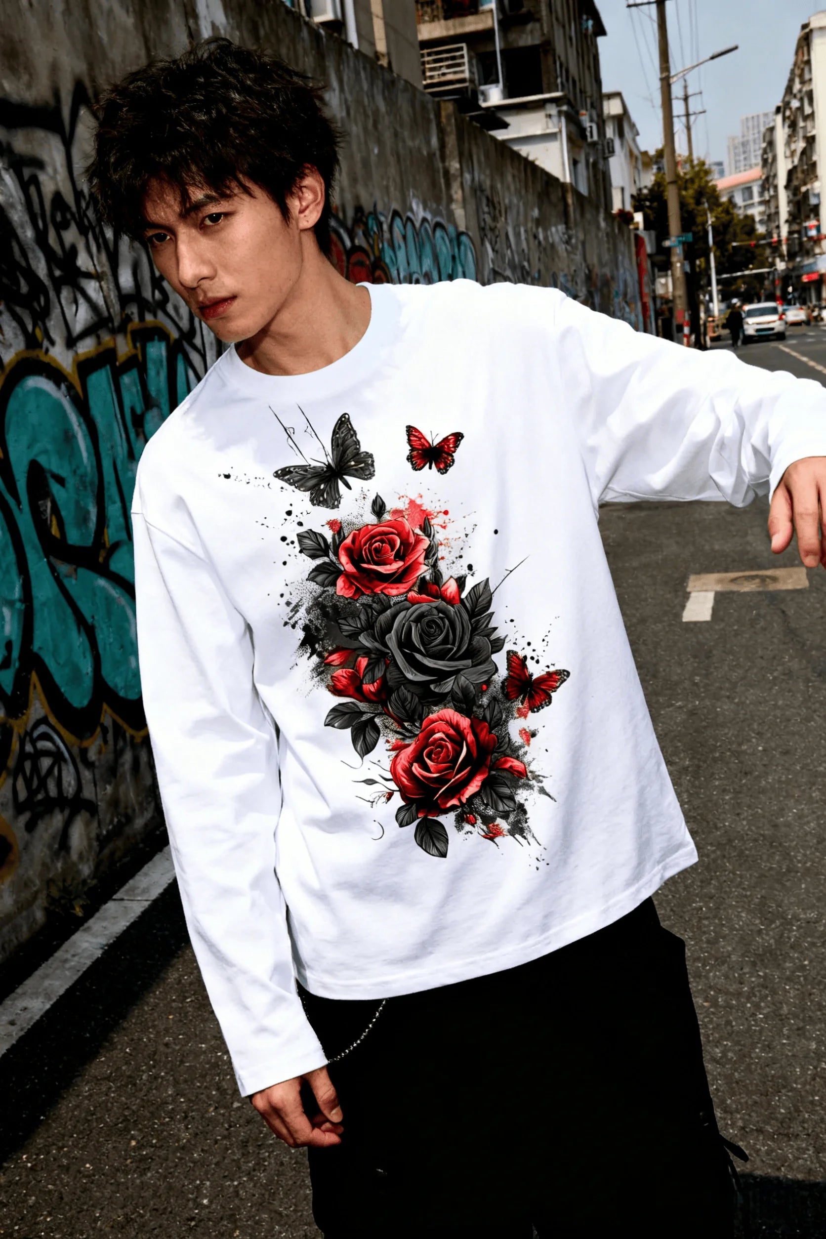 New men's and women's T-shirts, trendy ink-style rose and butterfly long-sleeve print, casual short-sleeve couple T-shirts