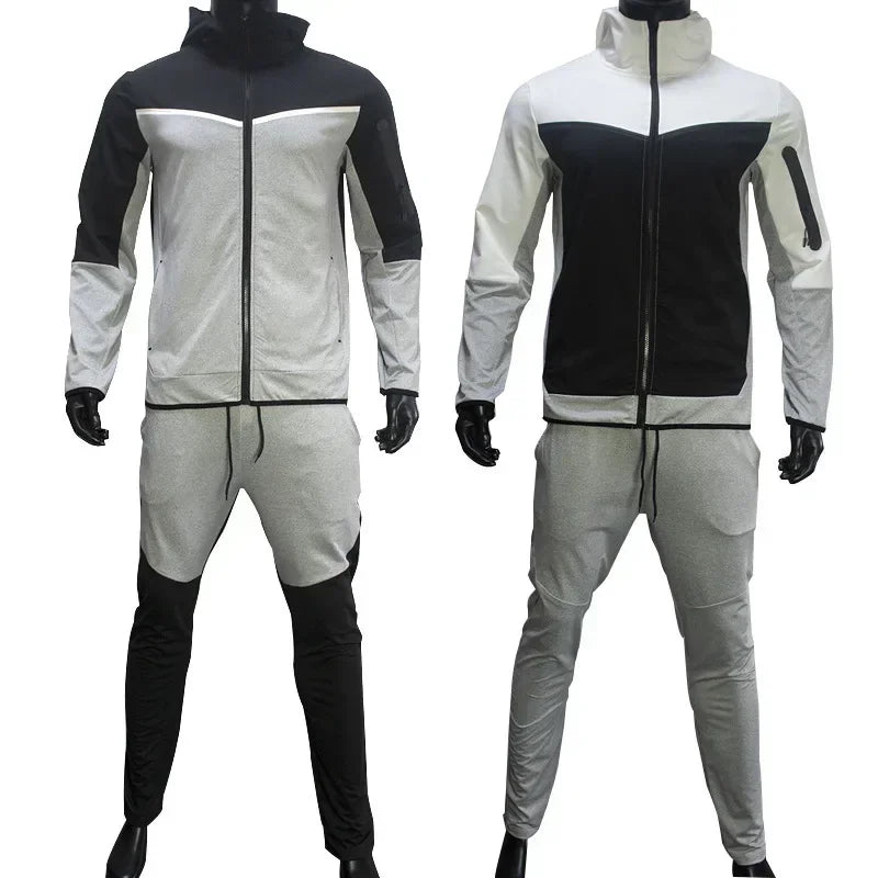 Autumn Men's Hooded Running Sets Patchwork Casual Tracksuits Zipper Jacket+Pants 2Pcs Sets Male Slim Gym Sportswear Jogging Suit
