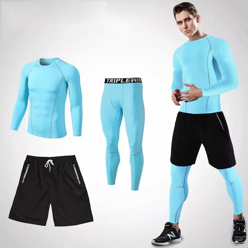 Men Long Sleeve Jogging Jersey Male GYM Fitness Tee Leggings Short Sport Running Set Skiing Basketball Football Clothes Suit B36
