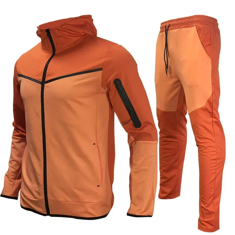Autumn Men's Hooded Running Sets Patchwork Casual Tracksuits Zipper Jacket+Pants 2Pcs Sets Male Slim Gym Sportswear Jogging Suit