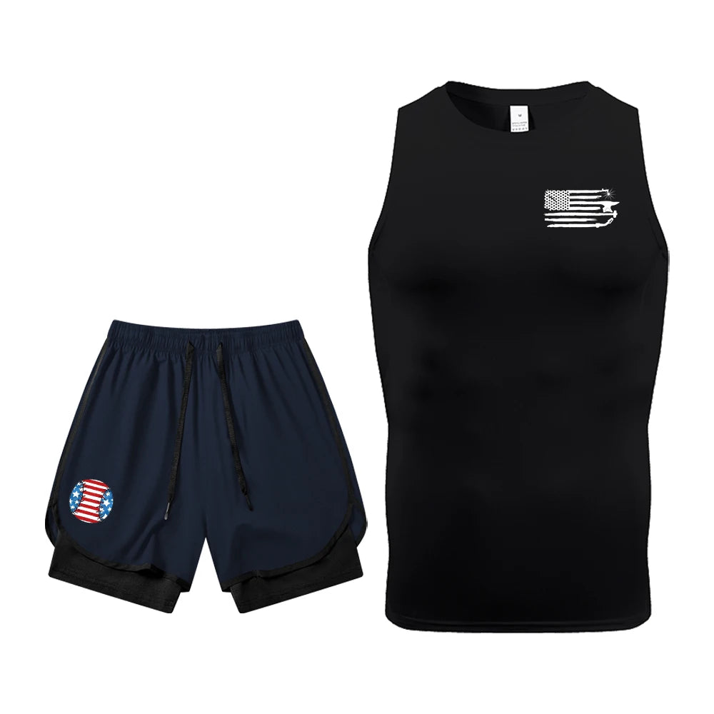 Men's Quick Dry Gym Workout 2 Piece Set Compression Sleeveless Shirt & Running Shorts Kit Flag Graphic Print Gym & Athletic Gear
