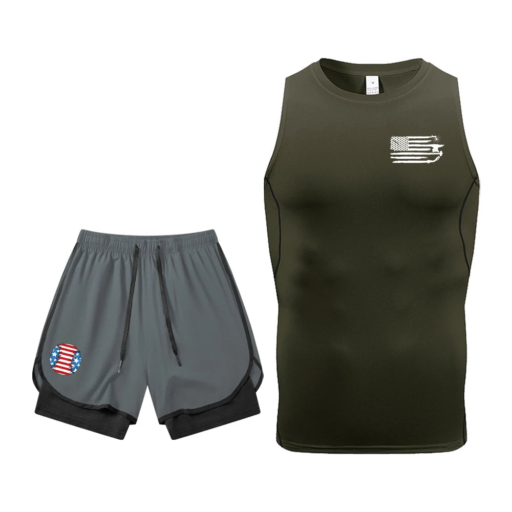 Men's Quick Dry Gym Workout 2 Piece Set Compression Sleeveless Shirt & Running Shorts Kit Flag Graphic Print Gym & Athletic Gear