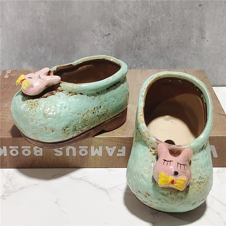 Living Room Decoration, Coarse Ceramic Vases, Hand-painted Cute Shoe Flower Pots, Indoor Balcony Succulent Plant Flower Pots
