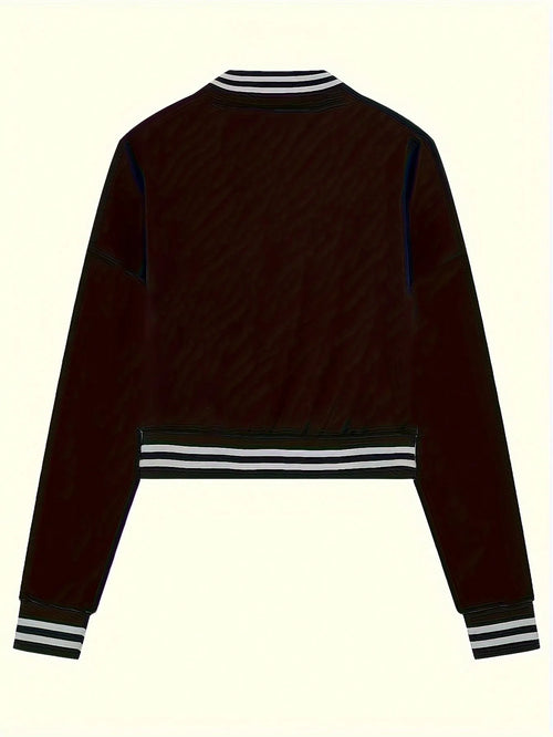 2-Piece Women's Black Sporty Jacket & Jogger Set with White Stripes