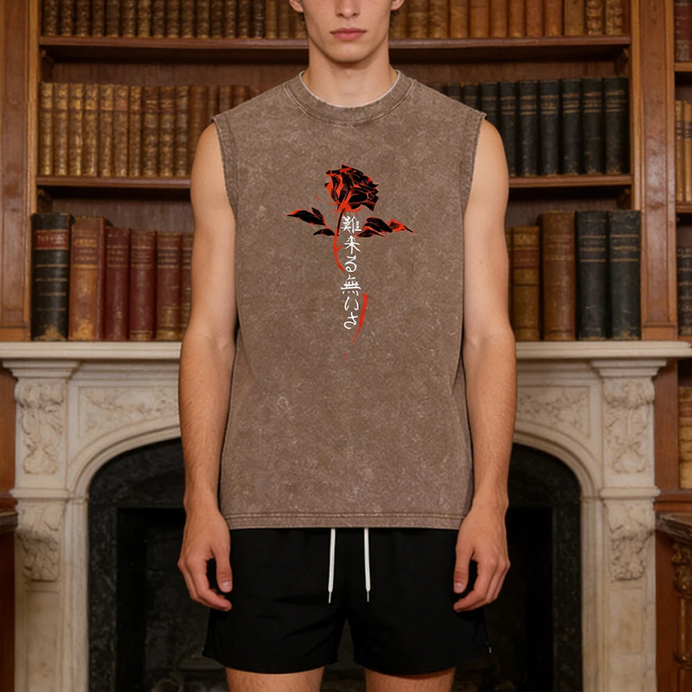 Summer Men's Washed Tank Top & Athletic Shorts Set Retro Distressed Sleeveless T-Shirt Harajuku Style Rose Text Graphic Print