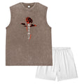 Summer Men's Washed Tank Top & Athletic Shorts Set Retro Distressed Sleeveless T-Shirt Harajuku Style Rose Text Graphic Print