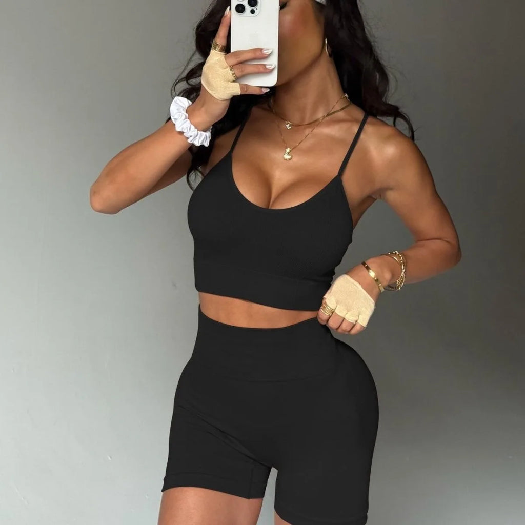 Women Outdoor Sports Sets Cross Bandage Bra Shorts Gym Biker Running Training Yoga Suits Tops Short Leggins Fitness Tights