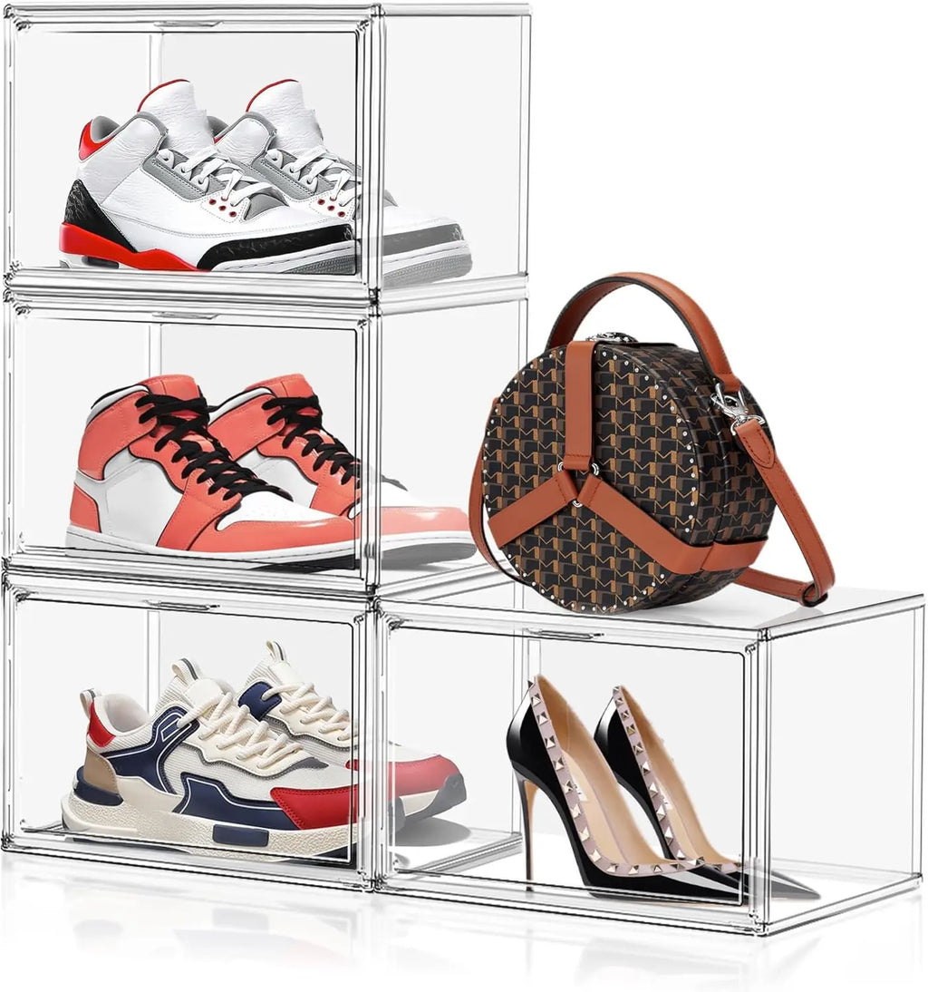 4-Pack Clear Plastic Stackable Shoe Storage Boxes with Magnetic Door, Thick Acrylic Display Case for Sneakers