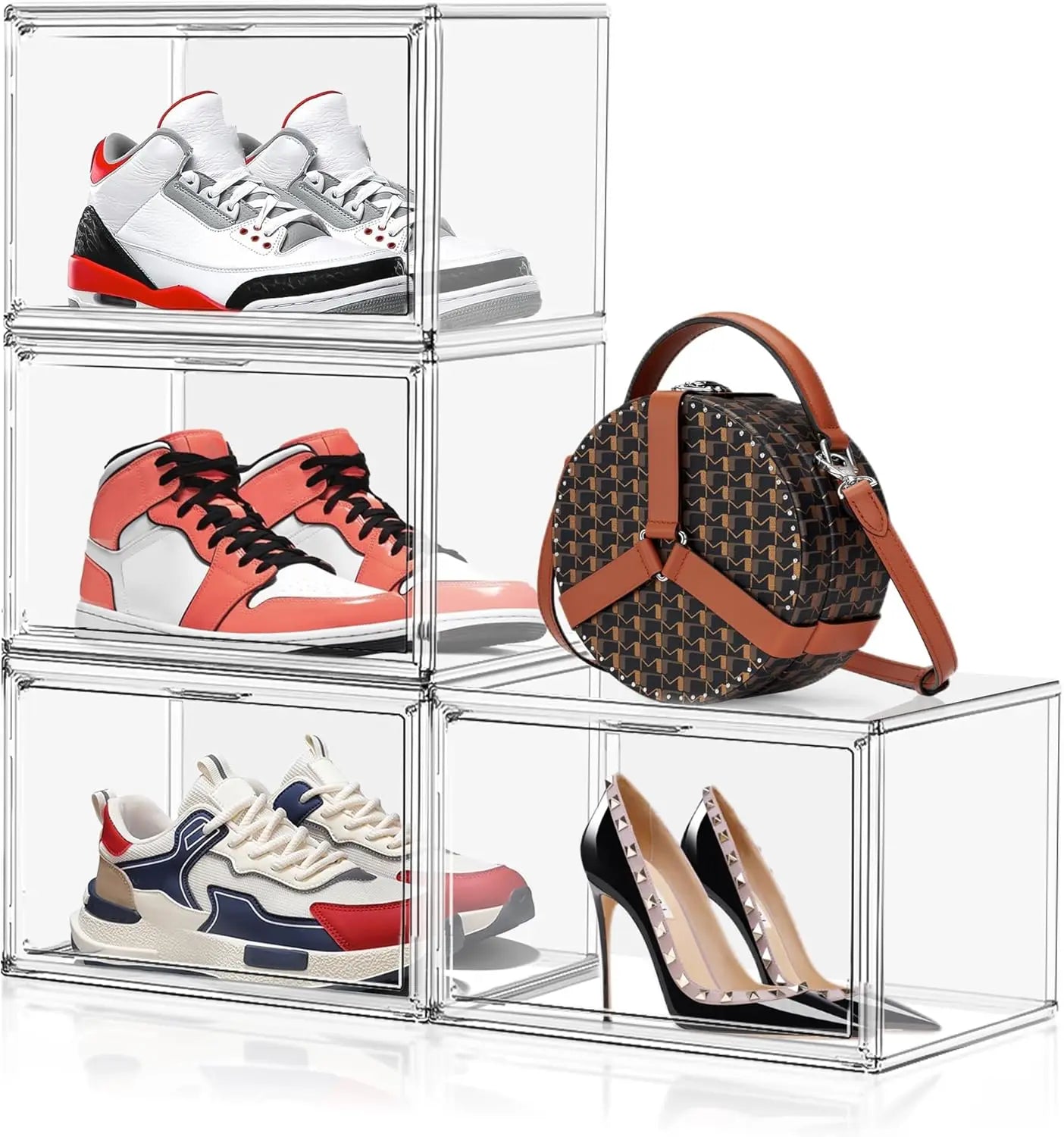 4-Pack Clear Plastic Stackable Shoe Storage Boxes with Magnetic Door, Thick Acrylic Display Case for Sneakers